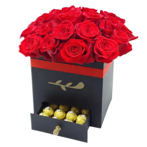 Caja 24 rosas importadas y bombones de chocolate